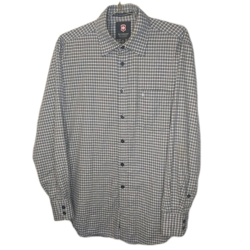Victorinox Flannel Shirt Men Med Gray Plaid Button Swiss Army Knife Gorp Preppy